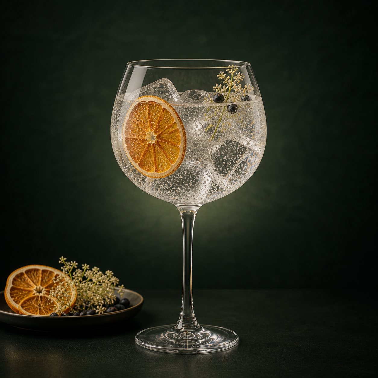 Bareksten Double Gin served with Fentimans Premium Indian Tonic Water, garnished with dehydrated orange wheel