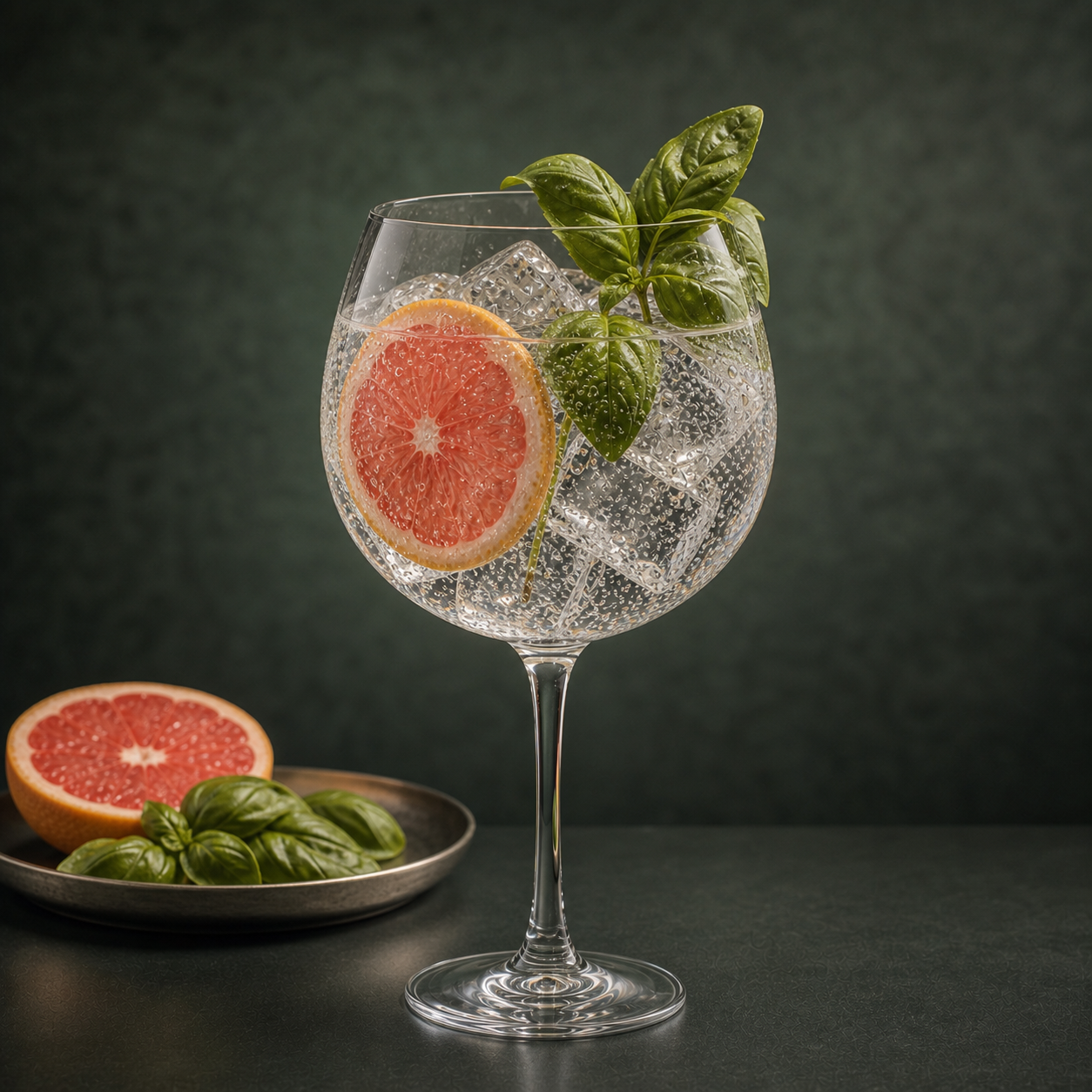 Beefeater 24 served with East Imperial Burma Tonic Water, garnished with Thin wheel of fresh grapefruit and Lightly bruised sprig of fresh basil
