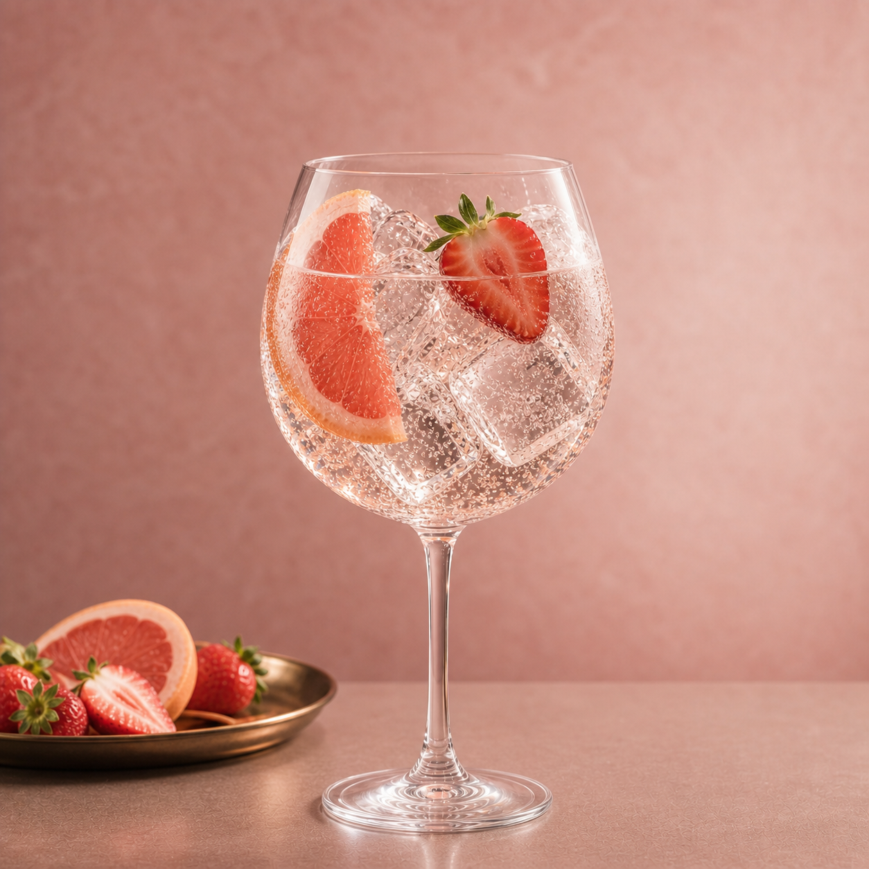 Beefeater Pink Strawberry Gin servi avec Fentimans Pink Grapefruit Tonic Water, agrémenté de Thin slice of fresh grapefruit et Halved strawberry