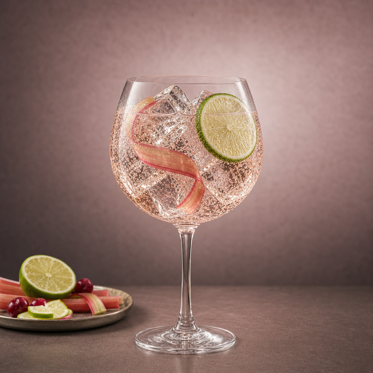 Beefeater Rhubarb & Cranberry Gin served with Classic Tonic Water, garnished with Fresh lime wheel
