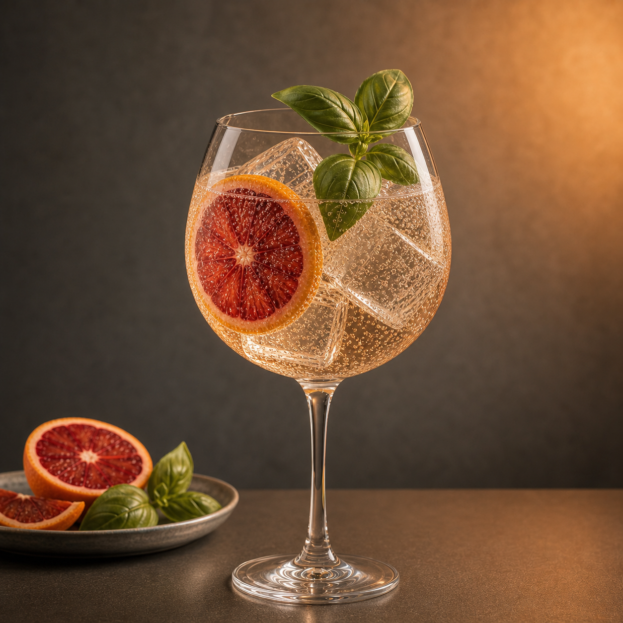 Beefeater Blood Orange Gin served with Fever-Tree Mediterranean Tonic Water, garnished with fresh blood orange wheel and basil sprig