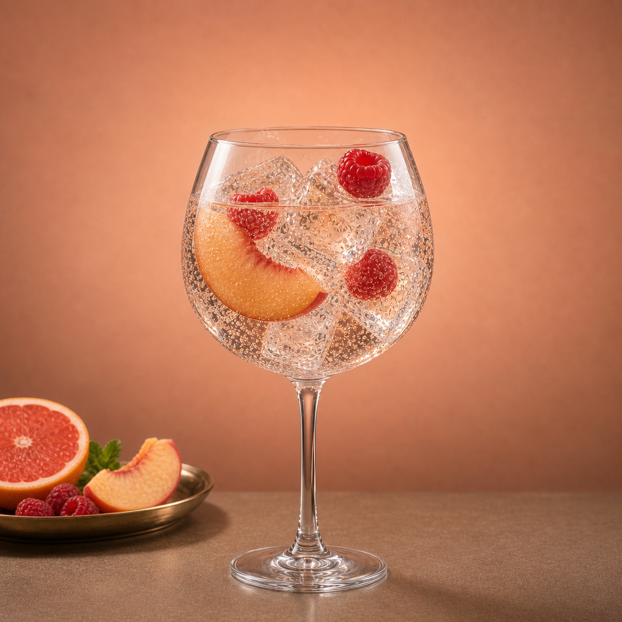 Beefeater Peach & Raspberry Gin servi avec Fentimans Pink Grapefruit Tonic Water, agrémenté de thin slice of fresh peach et few raspberries