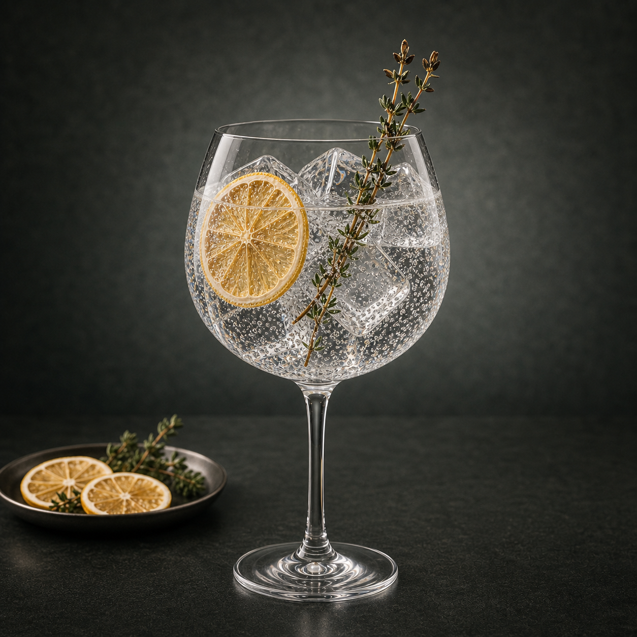 Beefeater Black servi avec Fever-Tree Mediterranean Tonic Water, agrémenté de dehydrated lemon wheel et lightly singed thyme sprig