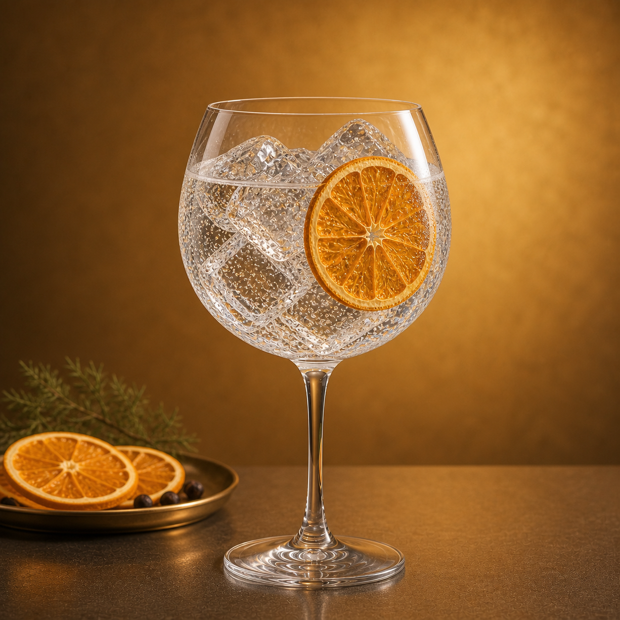 Drumshanbo Gunpowder Irish Gin with California Orange Citrus served with East Imperial Burma Tonic Water, garnished with thin slice of dehydrated California orange