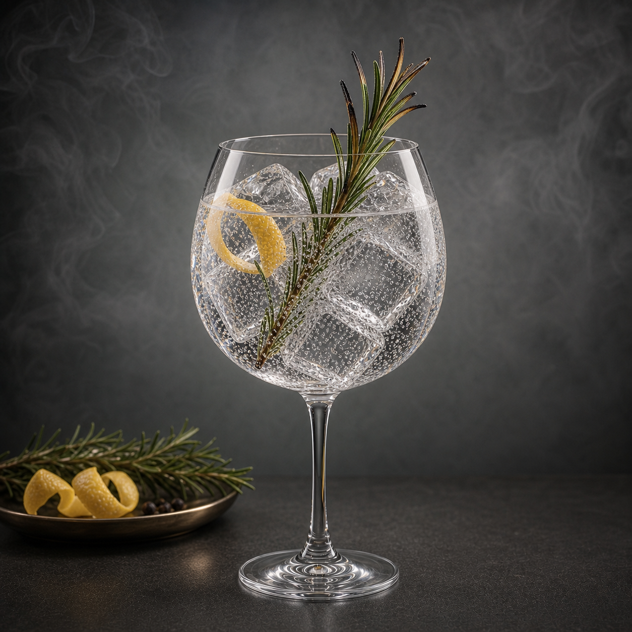 Fishers Smoked Gin served with Double Dutch Skinny Tonic Water, garnished with lightly singed rosemary sprig