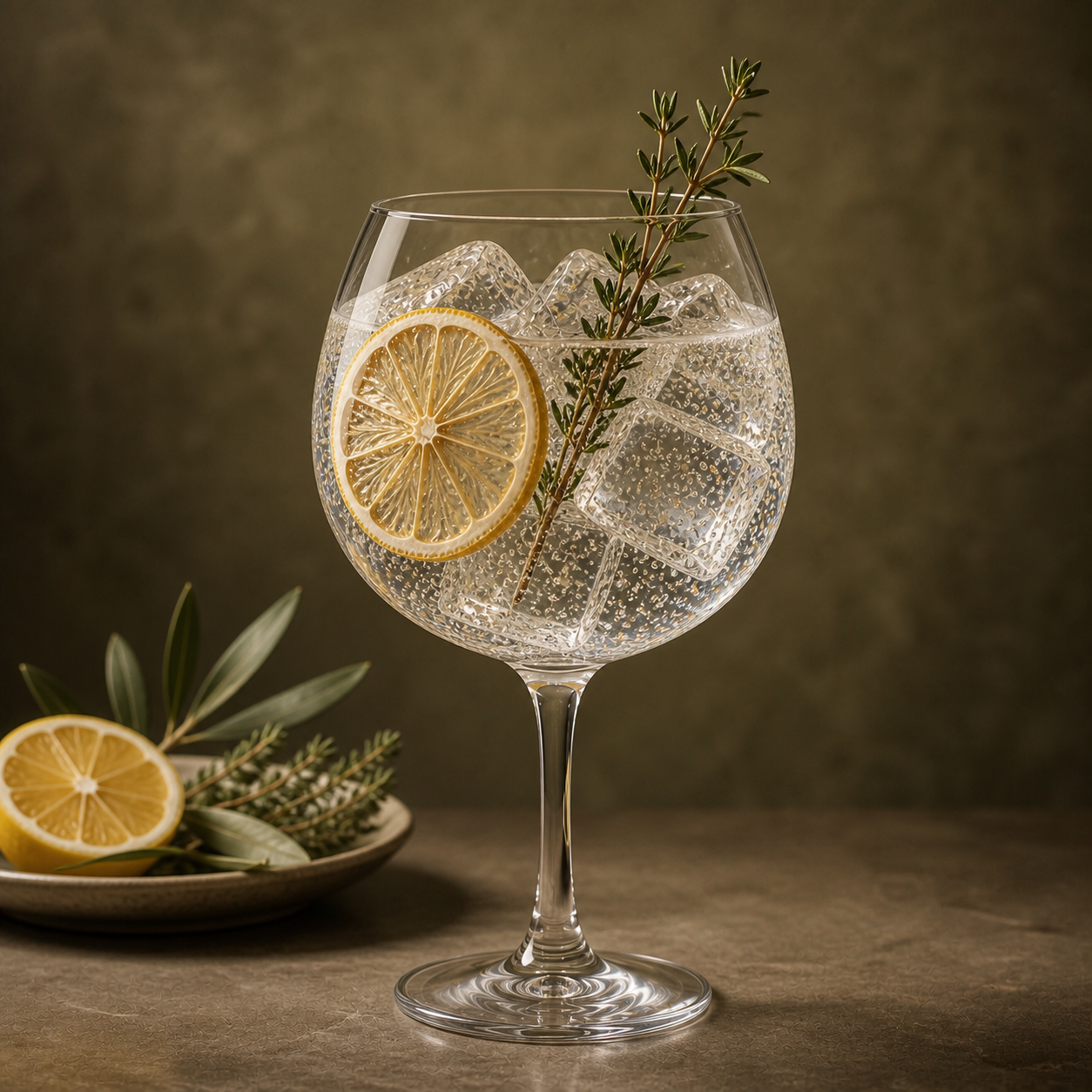 Quattro Gatti Olive Grove Gin served with Fever-Tree Mediterranean Tonic Water, garnished with dehydrated lemon wheel