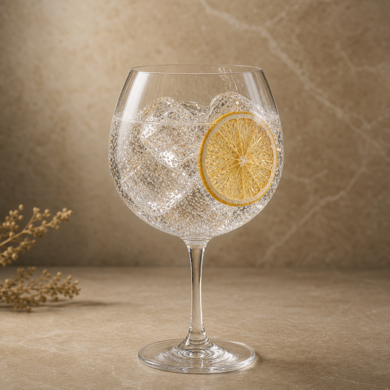 Renais Grand Cru Cask-Aged Gin served with East Imperial Burma Tonic Water, garnished with Thin slice of dehydrated lemon