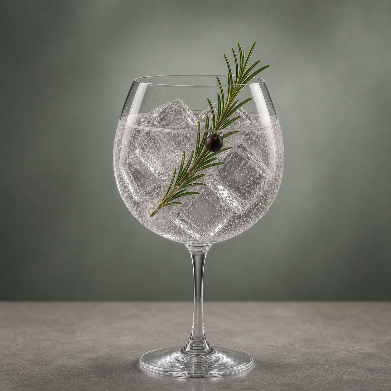 Procera Green Dot Gin served with East Imperial Burma Tonic Water, garnished with lightly toasted juniper berry on a sprig of fresh rosemary