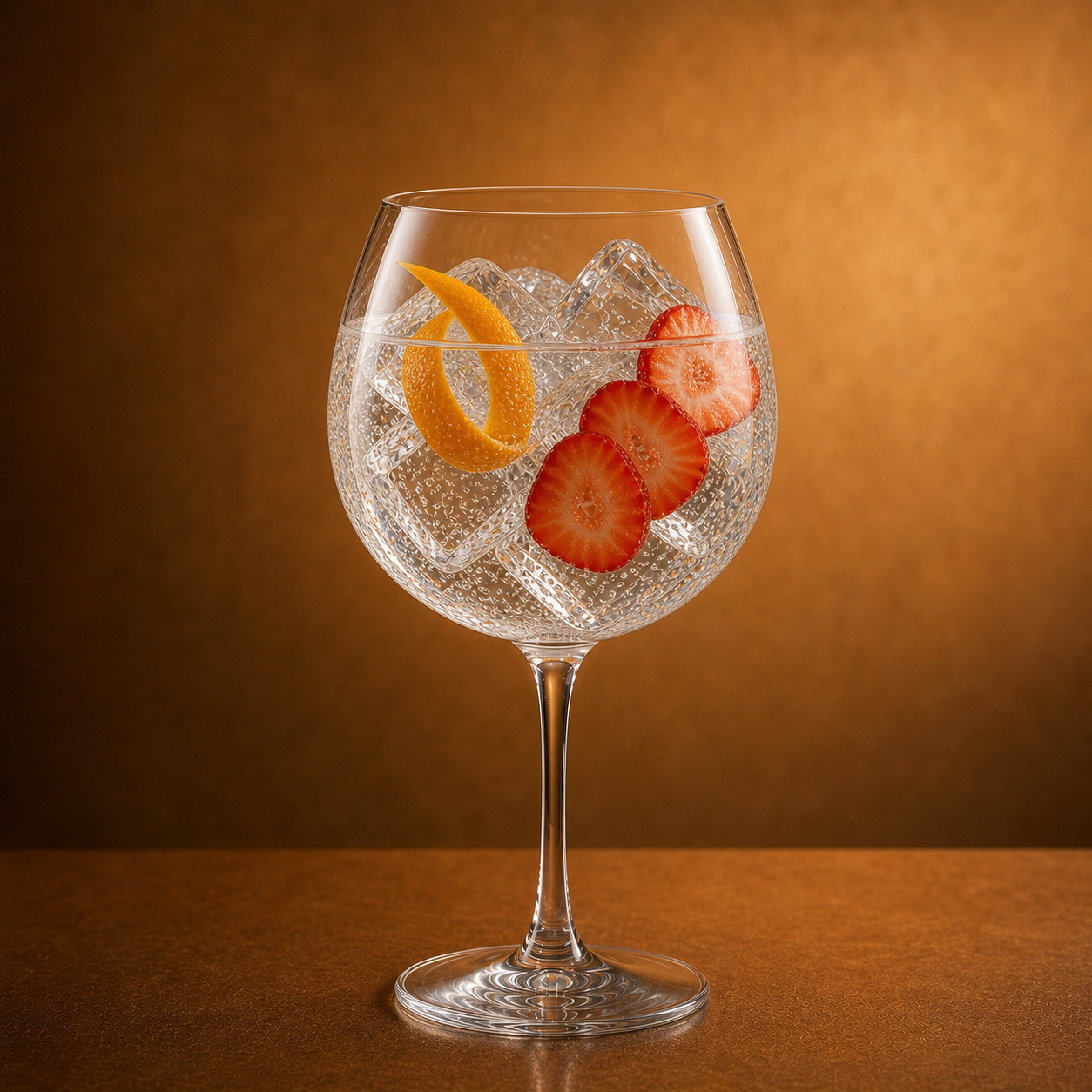 Inverroche Amber Gin served with Barker & Quin Honeybush Orange Tonic, garnished with Orange zest twist and Fresh strawberry slices