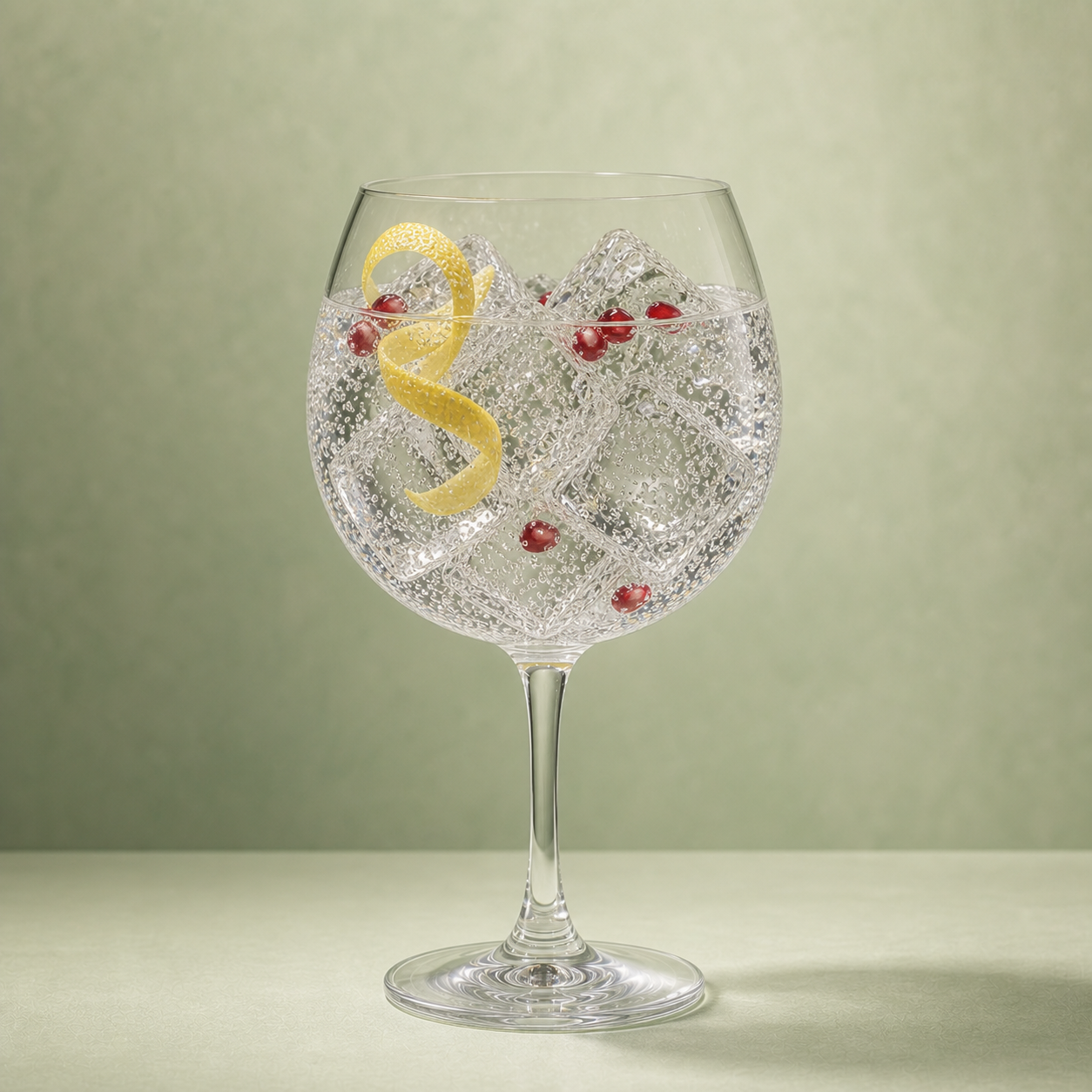Inverroche Verdant Gin served with Barker and Quin Finest Indian Tonic Water, garnished with lemon zest twist and pomegranate seeds
