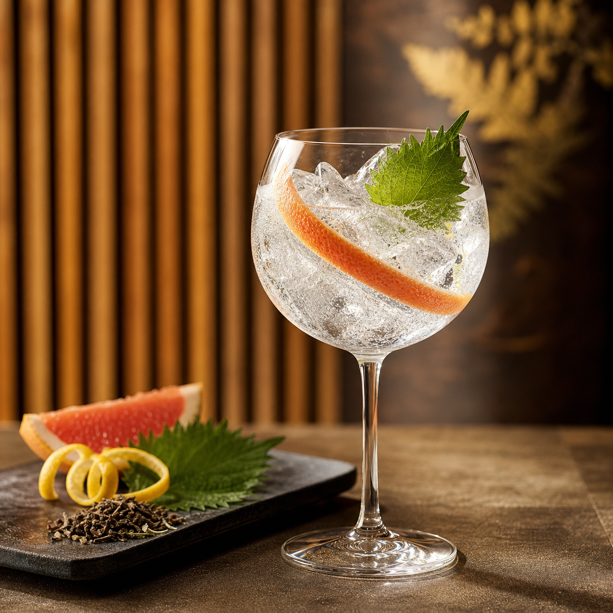 Roku Osaka Brilliance Edition served with Thomas Henry Tonic Water, garnished with Thin grapefruit peel and Shiso leaf
