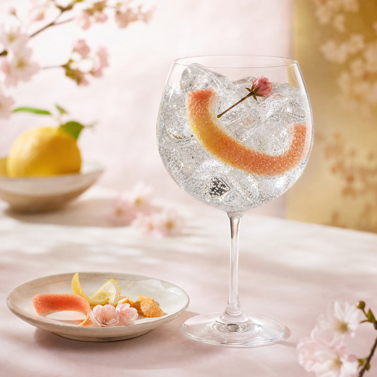Etsu Sakura Gin served with East Imperial Yuzu Tonic, garnished with Fresh grapefruit peel and Cherry blossom or dried sakura flower