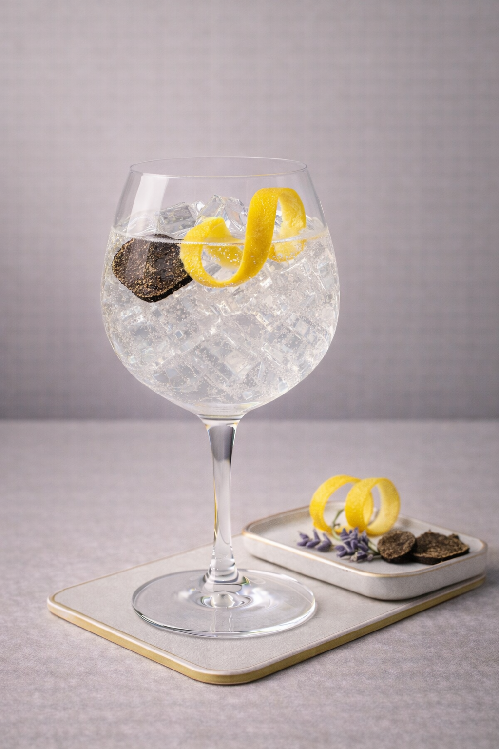 Attribut Edition Spéciale Truffe servi avec Thomas Henry Tonic Water, agrémenté de Fresh black truffle slice et Lemon zest twist