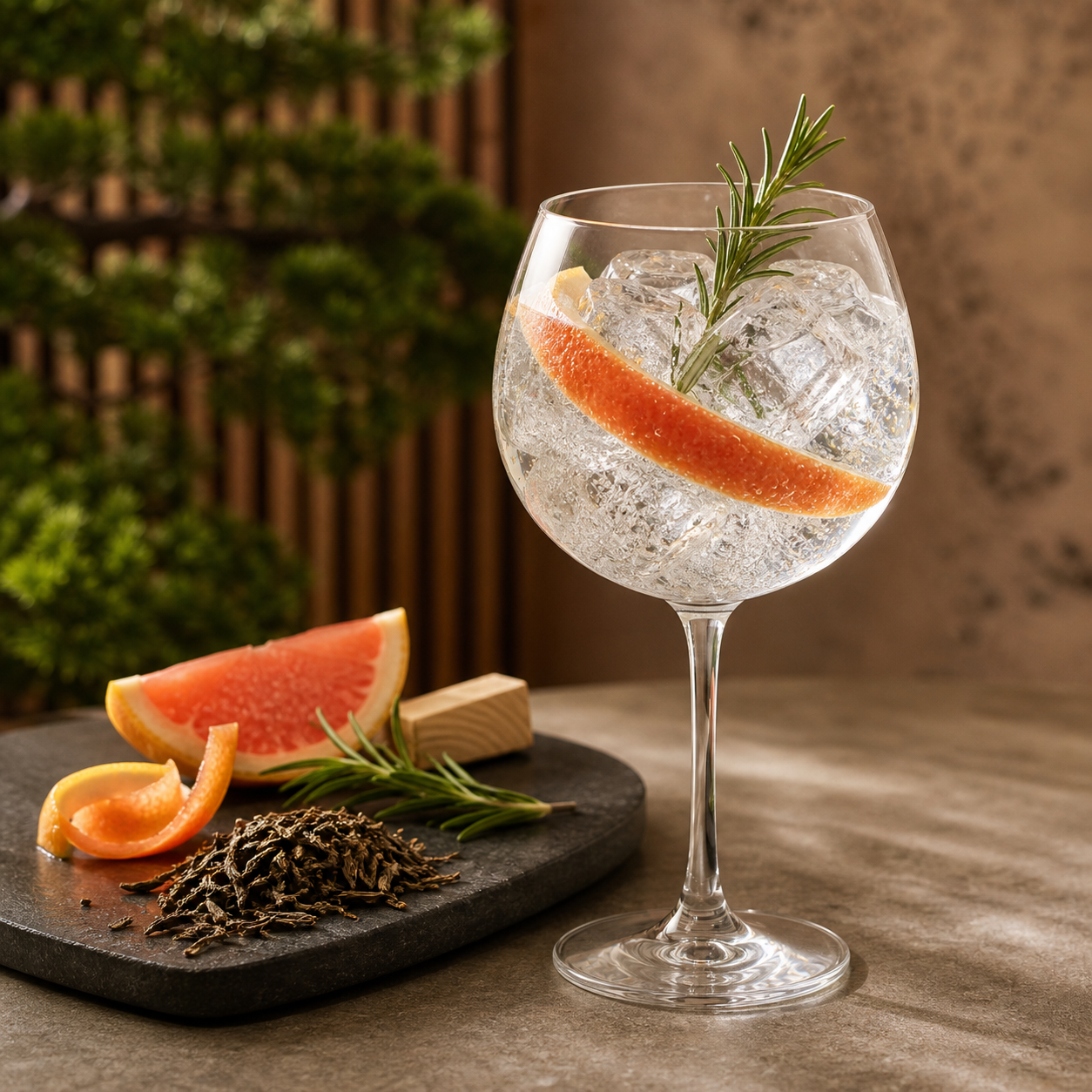 Komasa Hojicha Tea Gin served with Schweppes Premium Tonic Water, garnished with Grapefruit peel and Rosemary sprig