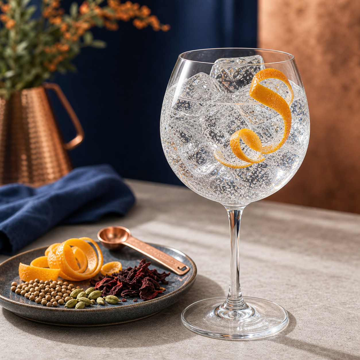 Adnams Smidgin Dry Gin served with Fever-Tree Indian Tonic Water, garnished with Orange zest twist