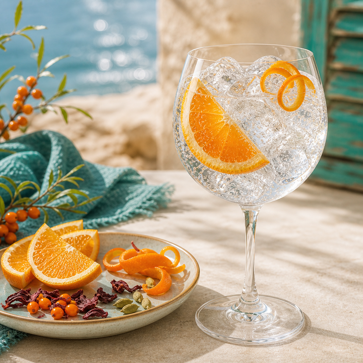 Adnams Orange and Sea Buckthorn Gin servi avec Fever-Tree Mediterranean Tonic Water, agrémenté de fresh orange wheel