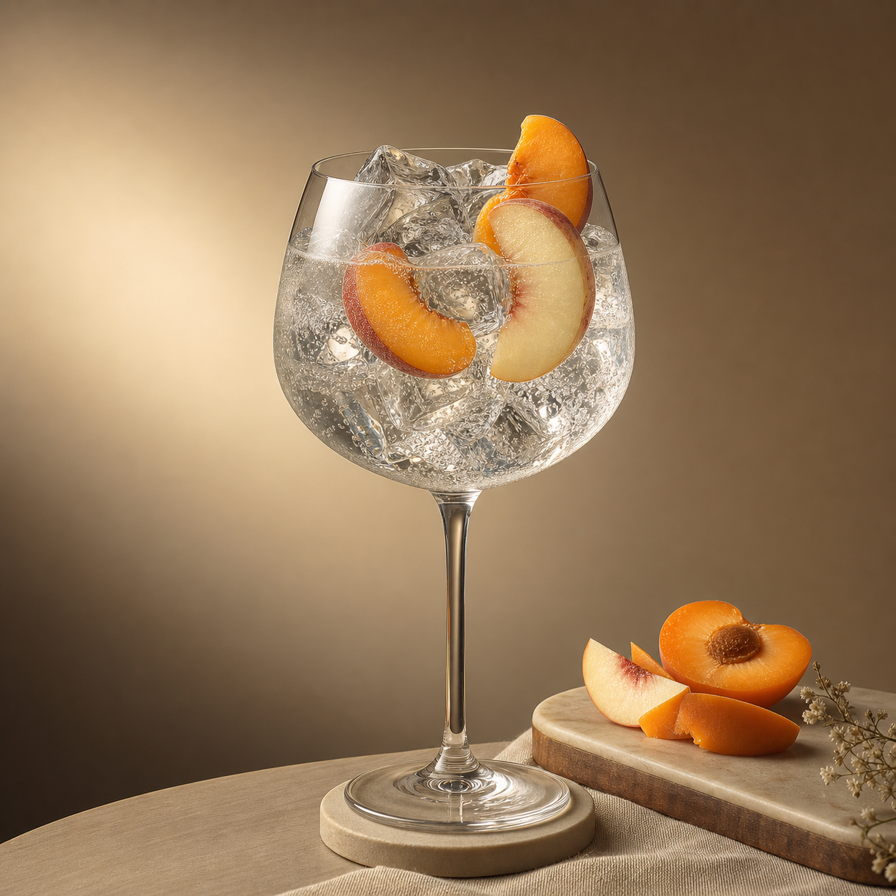 Gin Juillet served with Le Tribute Tonic Water, garnished with Fresh apricot slice and White peach slice