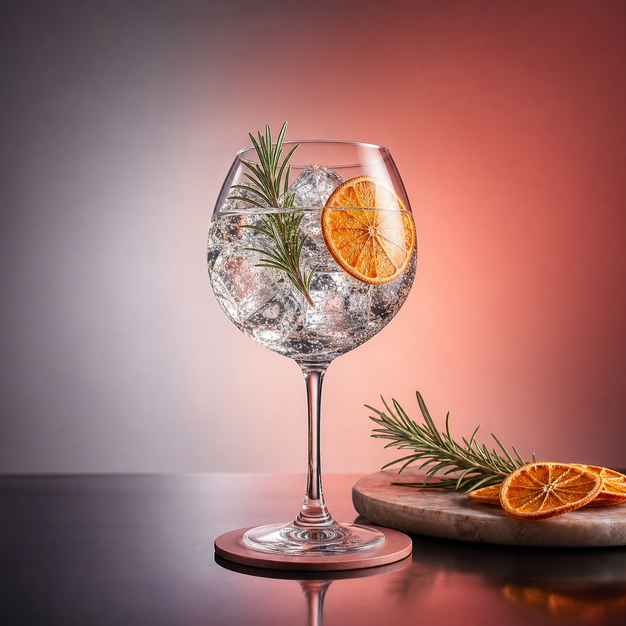 Bertinchamps Gin served with East Imperial Burma Tonic Water, garnished with Fresh rosemary sprig and Dehydrated orange slice