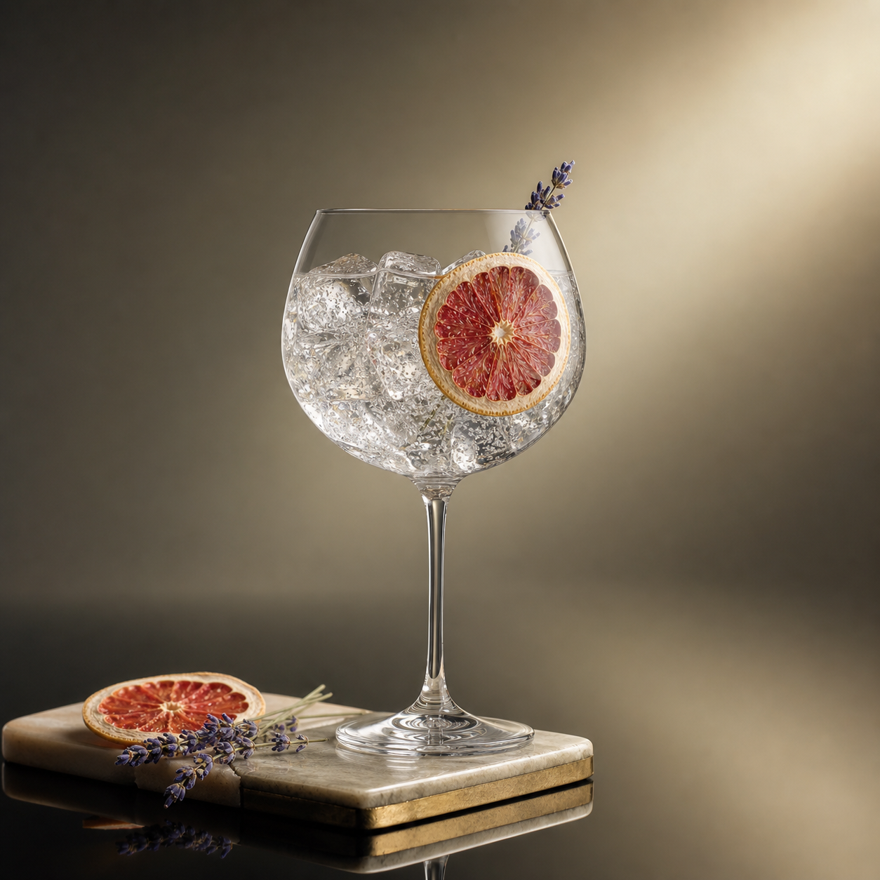 Ginius Belgian Dry Gin served with Fentimans Premium Indian Tonic Water, garnished with Dehydrated grapefruit wheel and Small lavender sprig