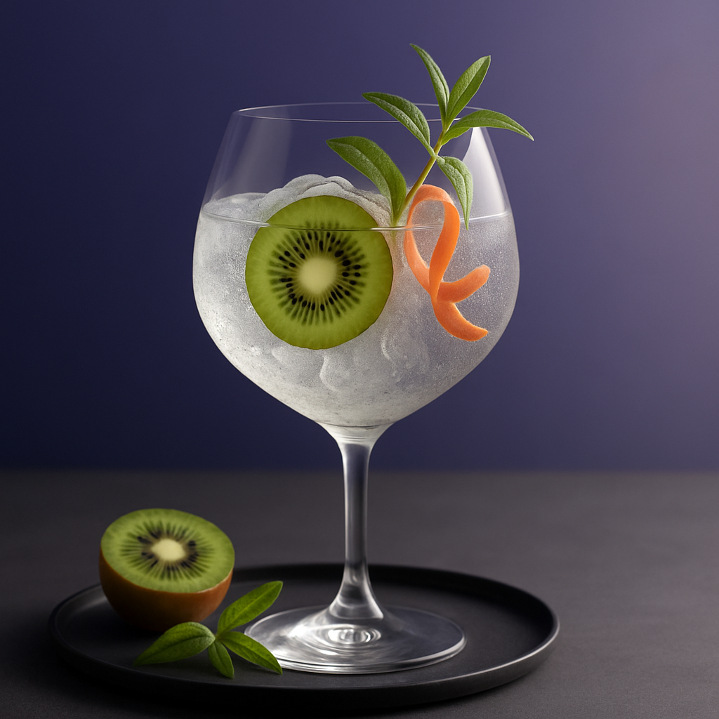 Attribut N°1 servi avec East Imperial Yuzu Tonic, agrémenté de Pink Grapefruit Twist et Green Kiwi Slice