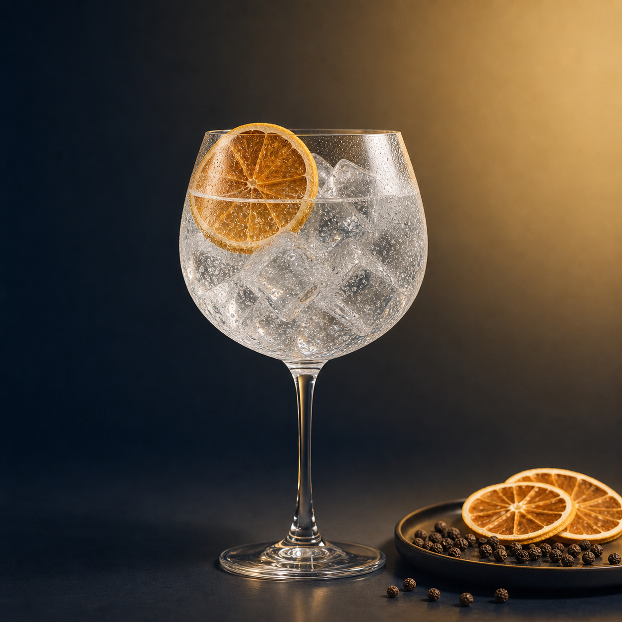 Blind Tiger Piper Cubeba served with Fentimans Valencian Orange Tonic Water, garnished with Dehydrated orange wheel
