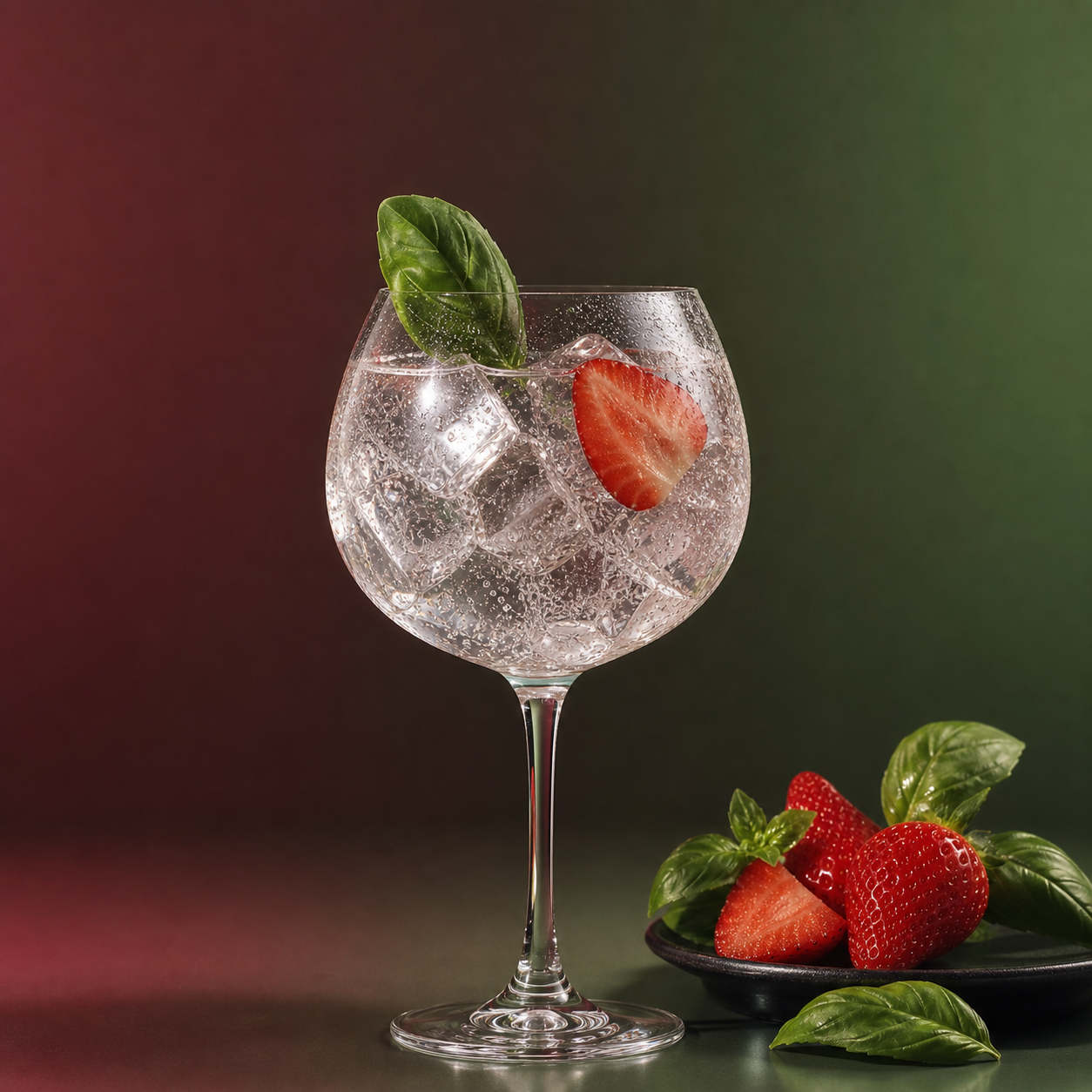 LieGin Pink served with Fever-Tree Mediterranean Tonic Water, garnished with Fresh basil leaf and Thin slice of strawberry