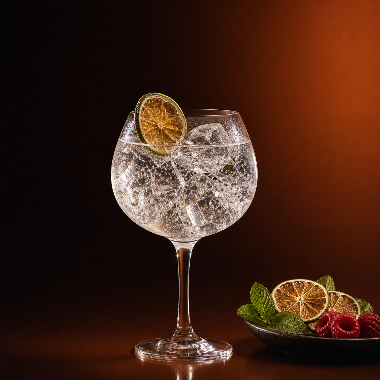 Dr Clyde Gin served with Fentimans Valencian Orange Tonic Water, garnished with Dehydrated lime wheel