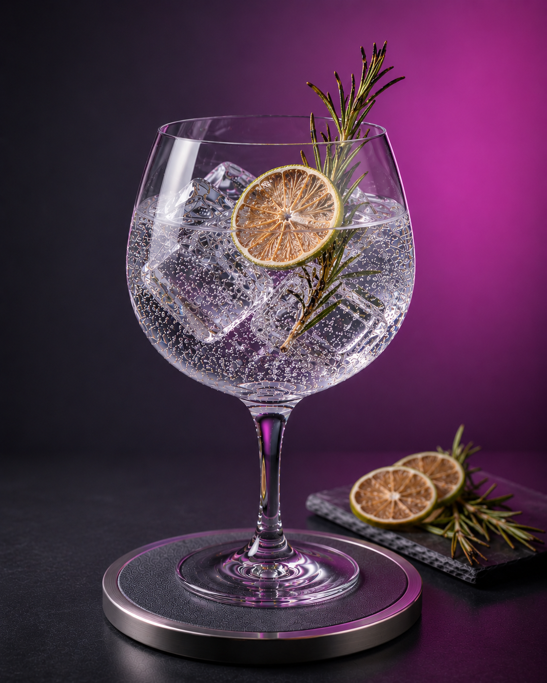The Herbalist Gin servi avec Fever-Tree Mediterranean Tonic Water, agrémenté de dehydrated lime wheel et lightly singed rosemary sprig