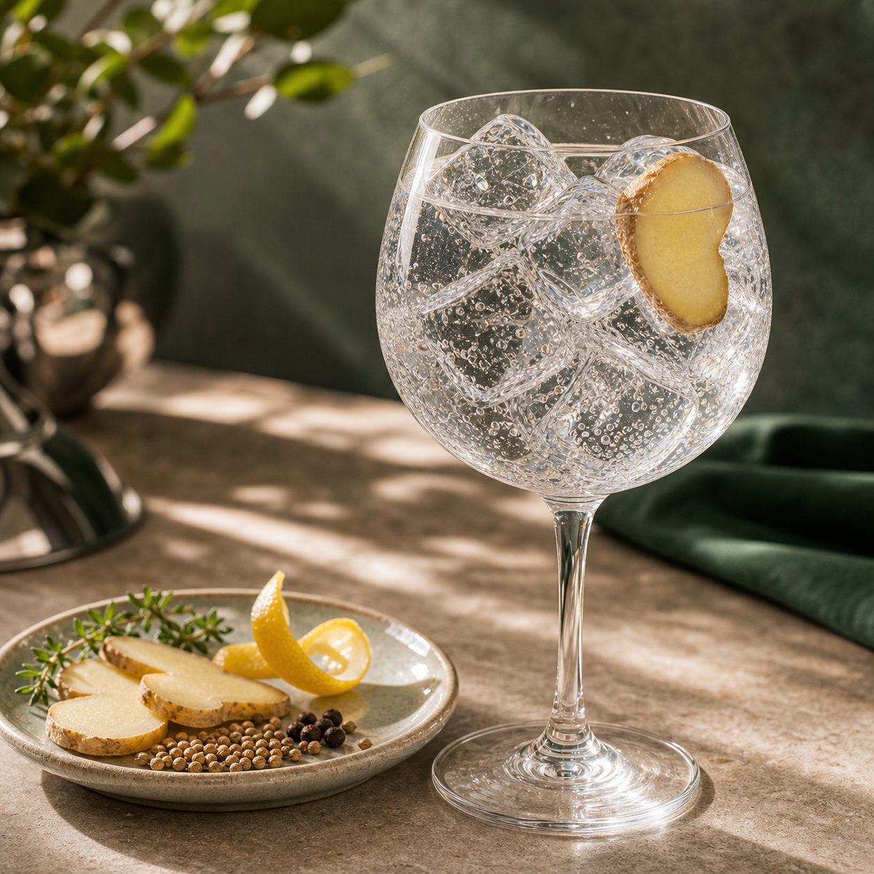 Chase GB Gin served with Fever-Tree Mediterranean Tonic Water, garnished with thin slice of fresh ginger