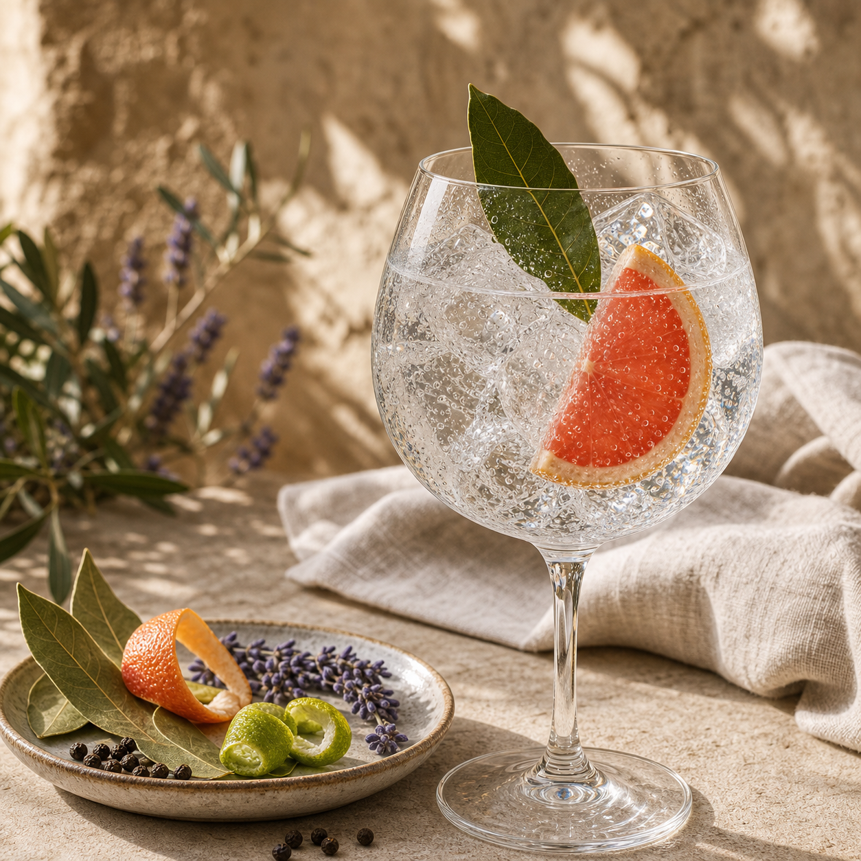 Cotswolds Dry Gin served with Fever-Tree Mediterranean Tonic Water, garnished with Fresh pink grapefruit slice and Lightly bruised bay leaf