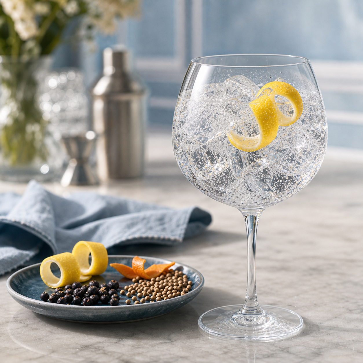 Hayman's London Dry Gin served with East Imperial Old World Tonic Water, garnished with twist of lemon peel