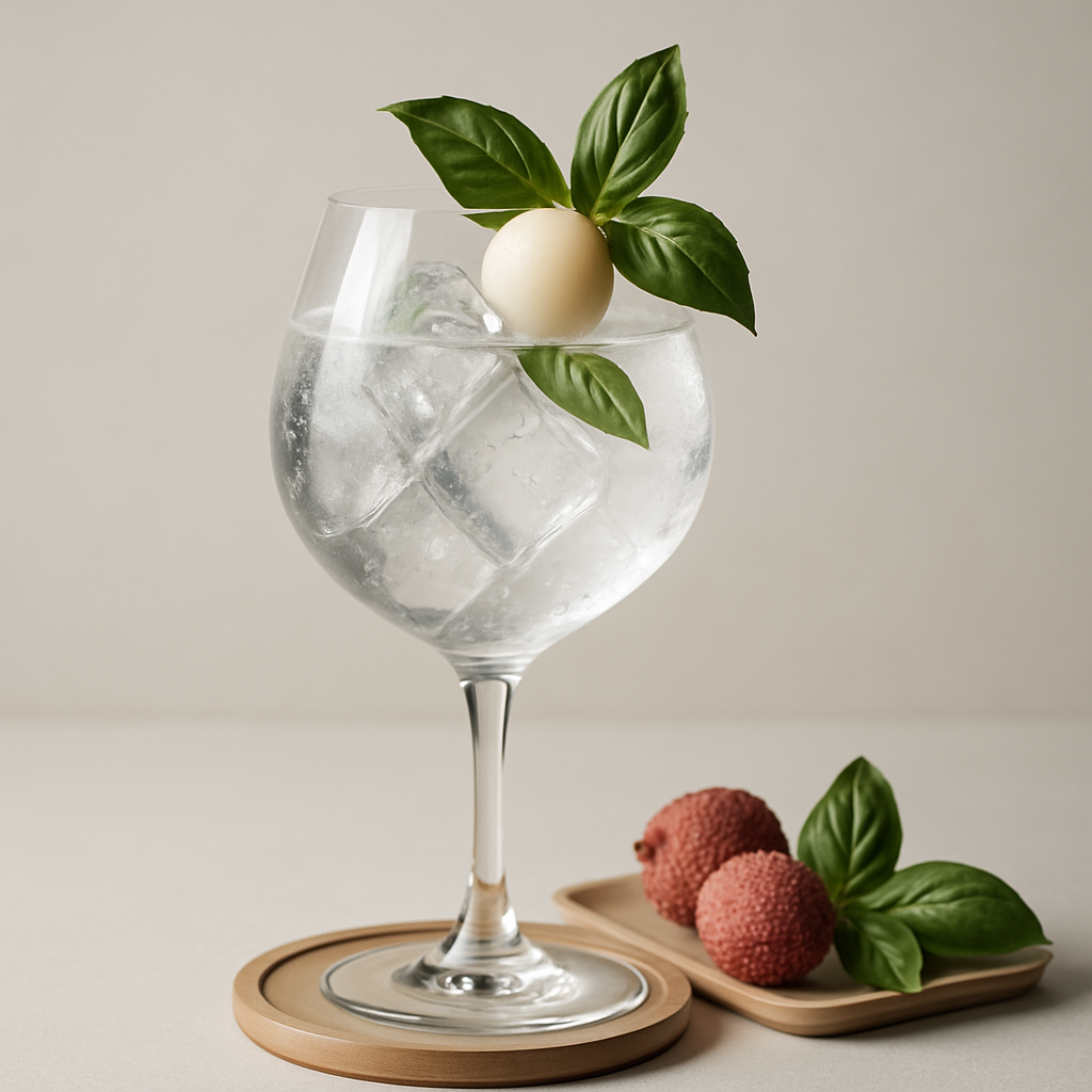 Panda Gin Bio served with Thomas Henry Tonic Water, garnished with Fresh lychee and Basil sprig