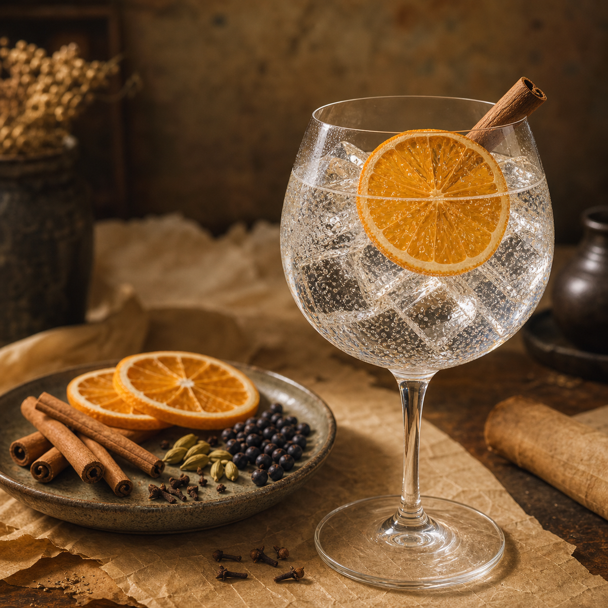 Ableforth's Bathtub Gin served with Thomas Henry Tonic Water, garnished with fresh orange wheel and cinnamon stick