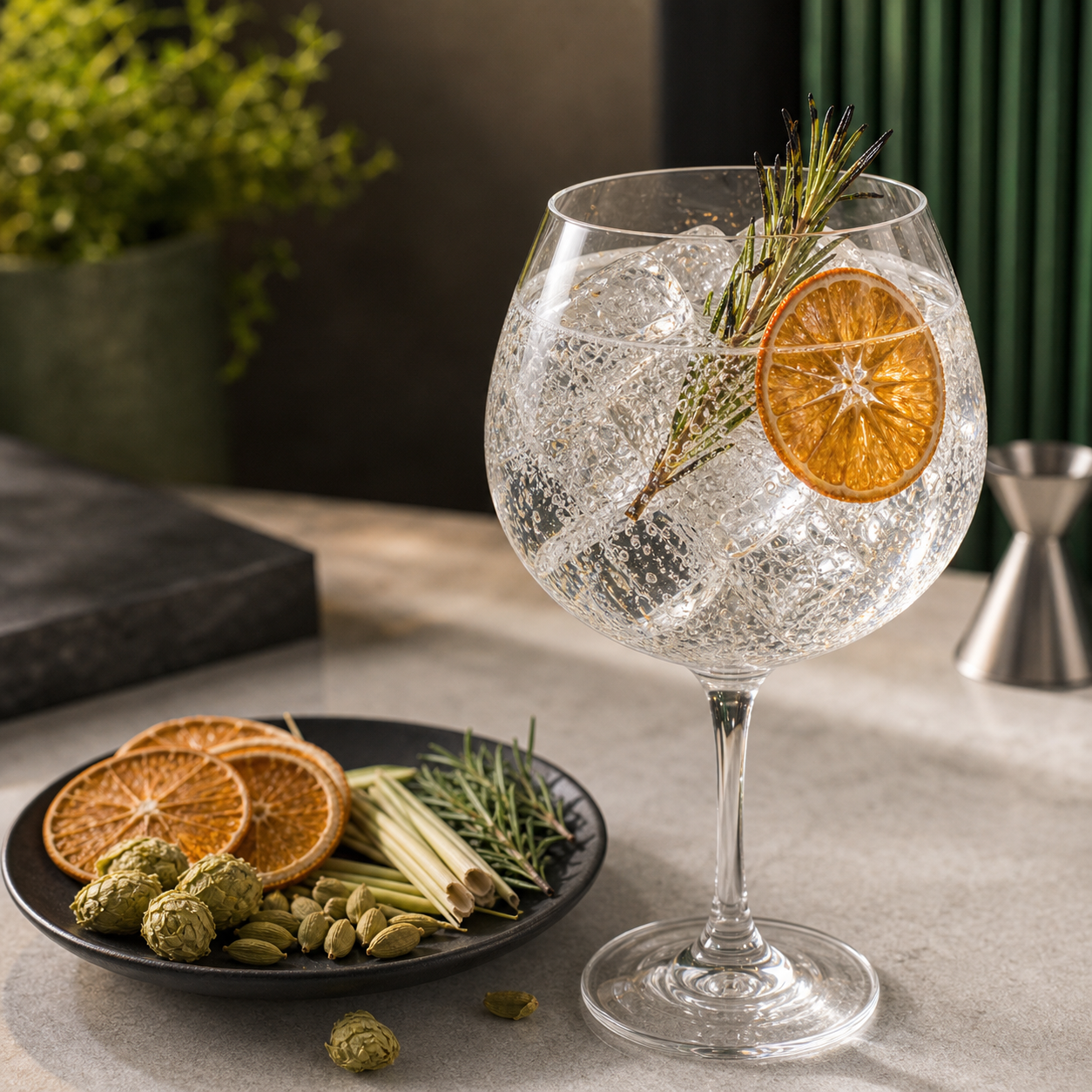 Mikkeller Botanical Gin servi avec Fentimans Valencian Orange Tonic Water, agrémenté de dehydrated orange wheel et lightly singed rosemary sprig