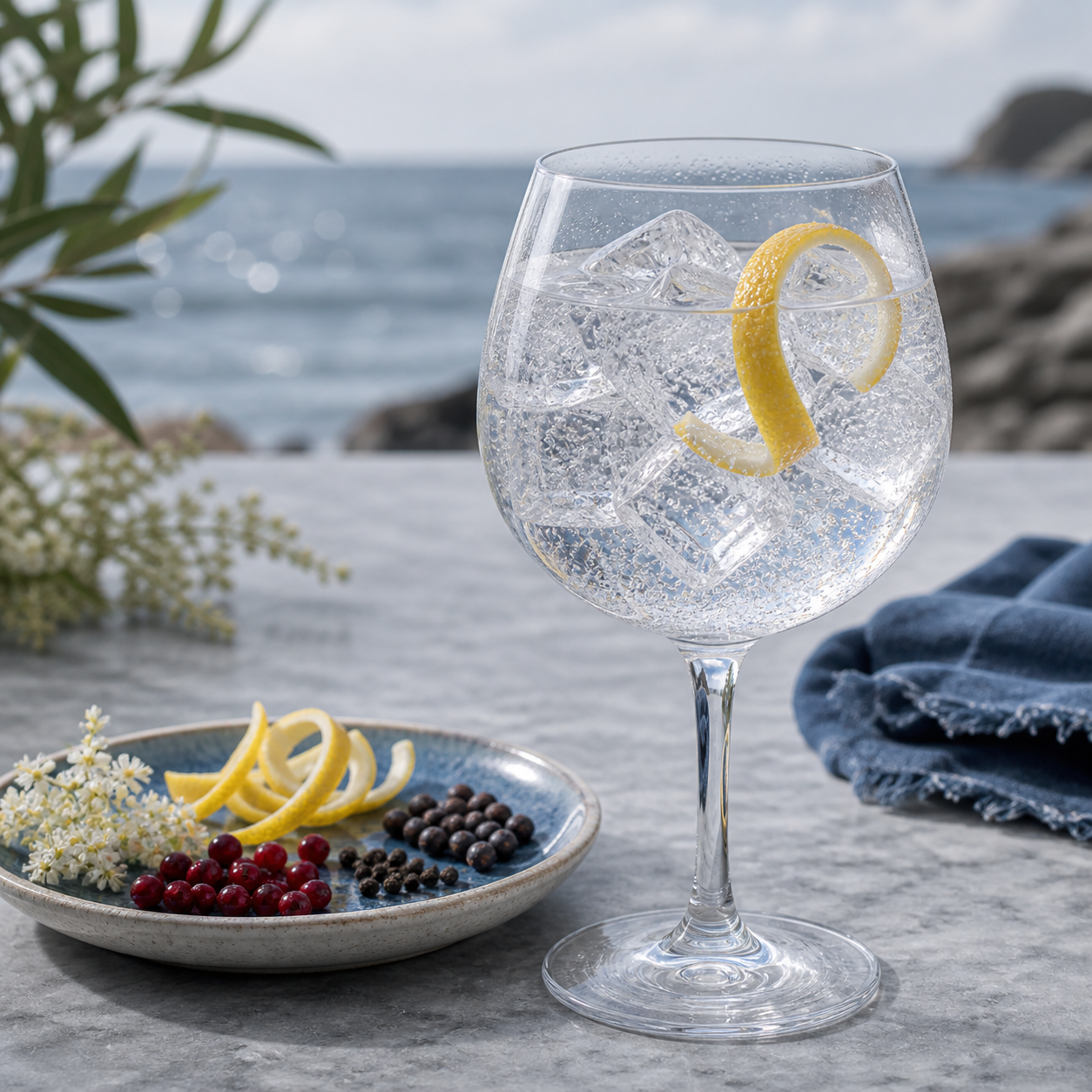 Hernö Dry Gin served with Fever-Tree Indian Tonic Water, garnished with Thin slice of fresh lemon, gently twisted