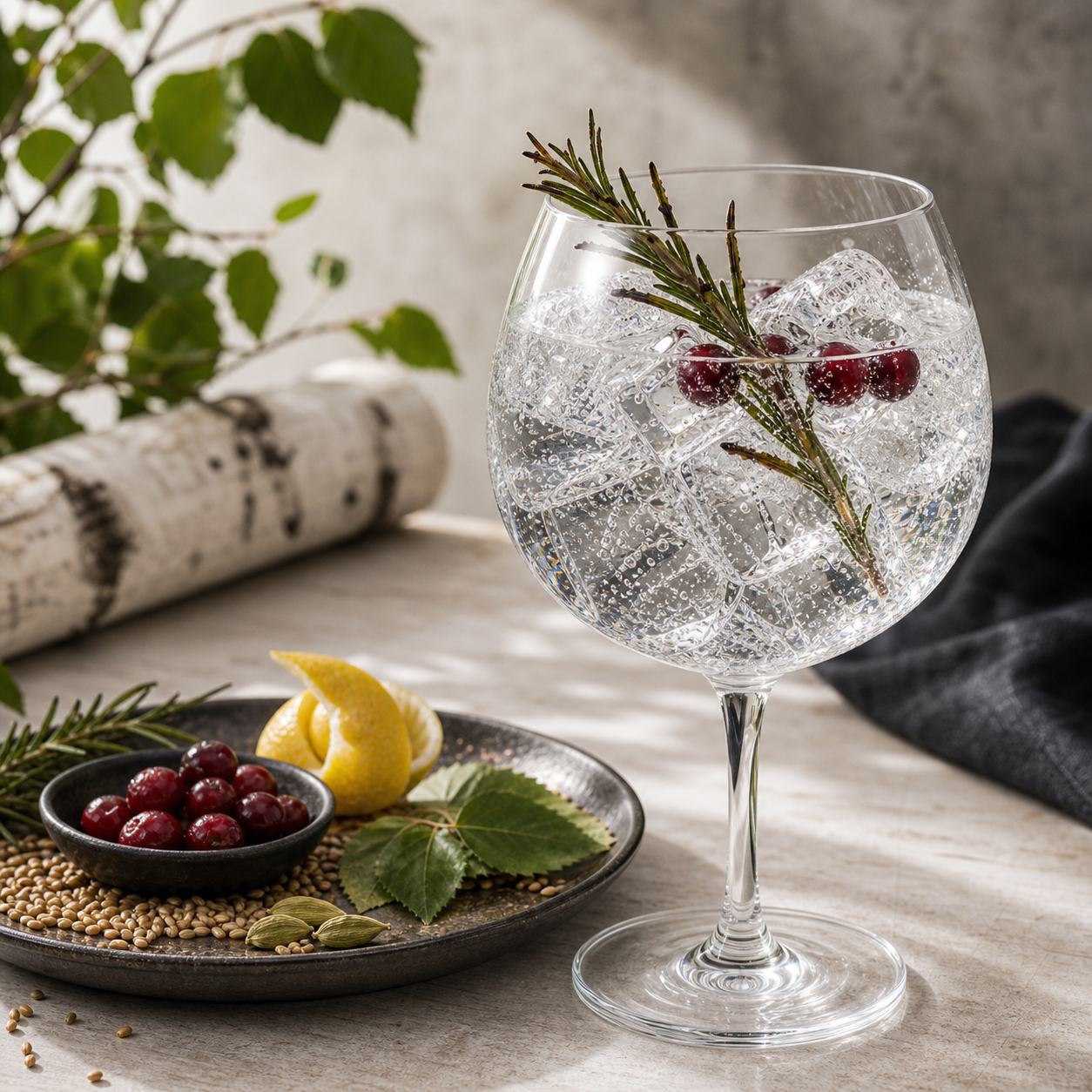 Kyrö Gin served with East Imperial Burma Tonic Water, garnished with Lightly singed rosemary sprig and Fresh cranberries