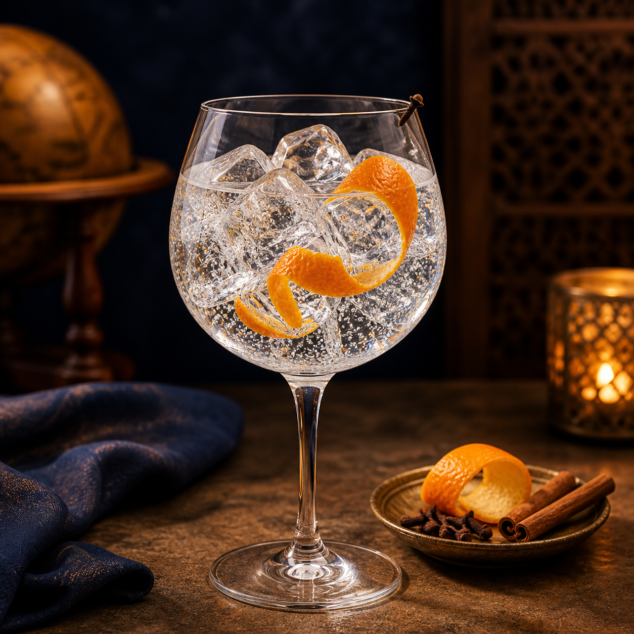 Mombasa Club Gin served with Thomas Henry Tonic Water, garnished with Orange peel twist and Single clove