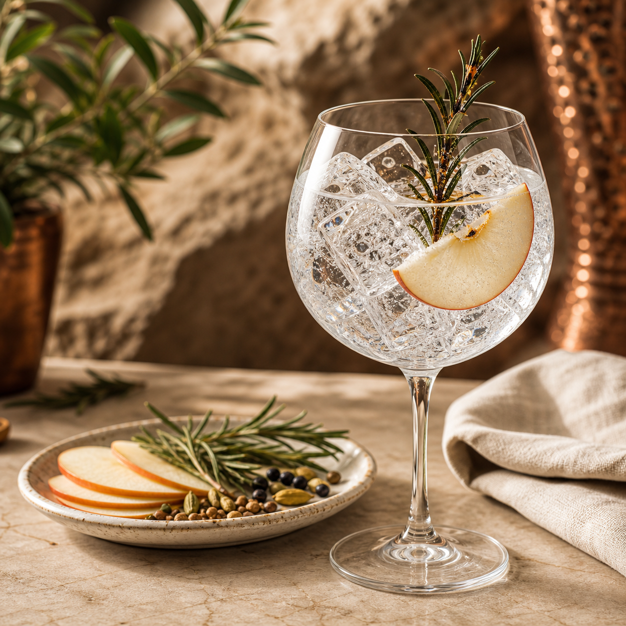Elephant Gin served with East Imperial Old World Tonic Water, garnished with Thin slice of fresh apple and Lightly singed rosemary sprig
