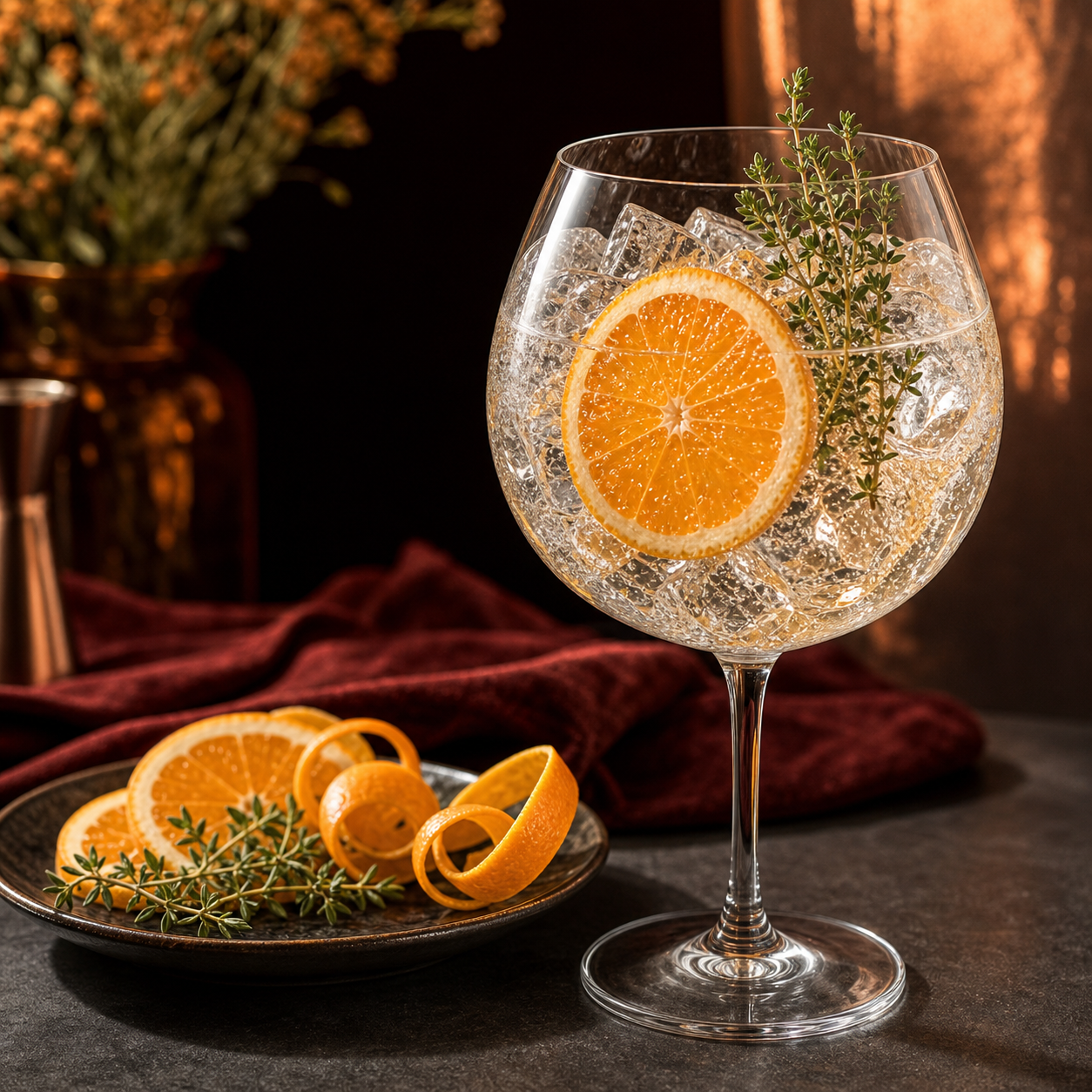 Brockmans Orange Kiss servi avec Fentimans Valencian Orange Tonic Water, agrémenté de fresh orange wheel et thyme sprig