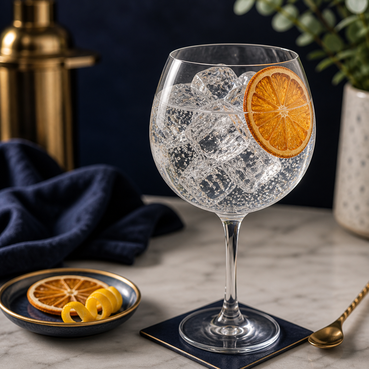 Portobello Road No 171 Gin served with Fentimans Premium Indian Tonic Water, garnished with dehydrated orange wheel