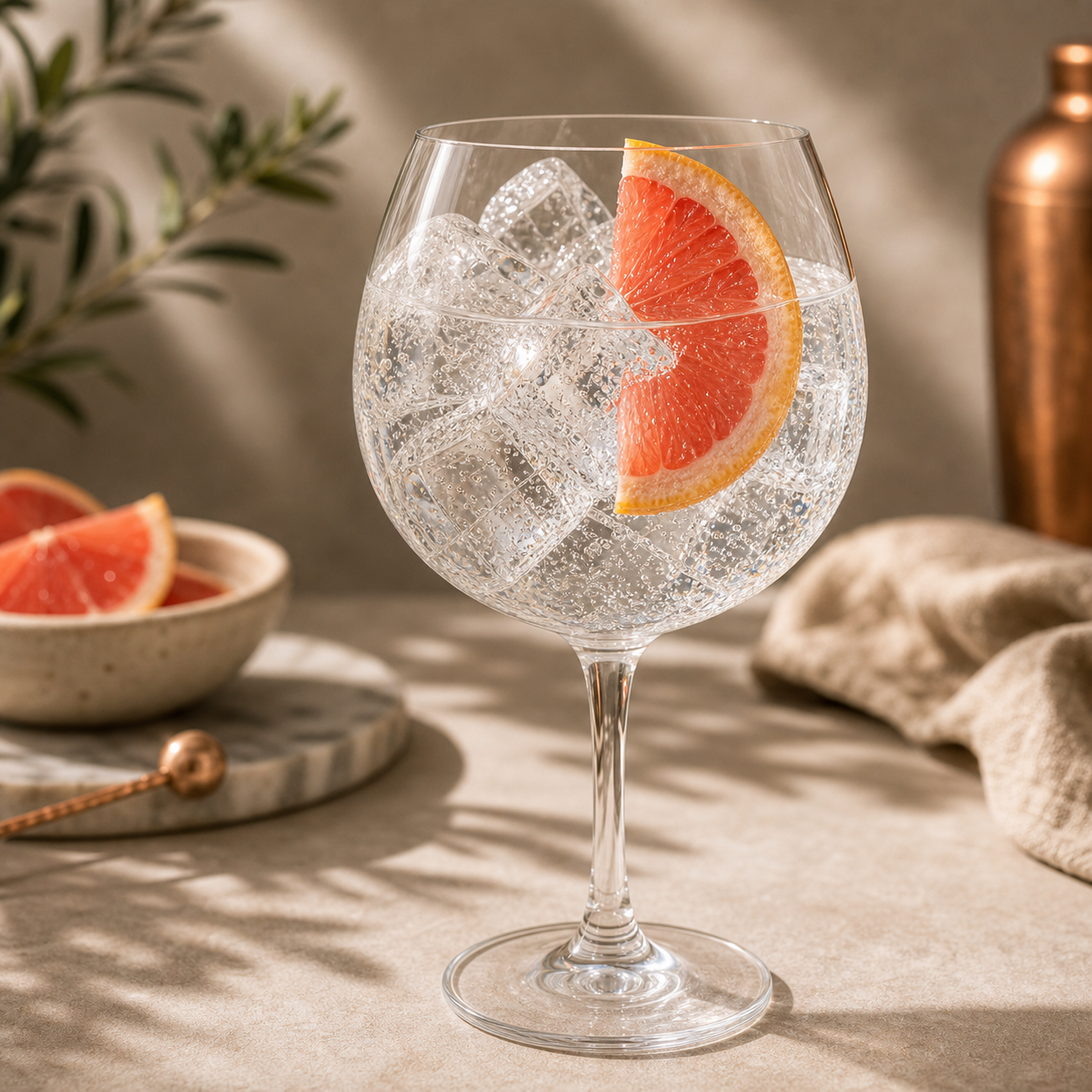 Tanqueray No Ten served with Fentimans Pink Grapefruit Tonic Water, garnished with Thin slice of pink grapefruit