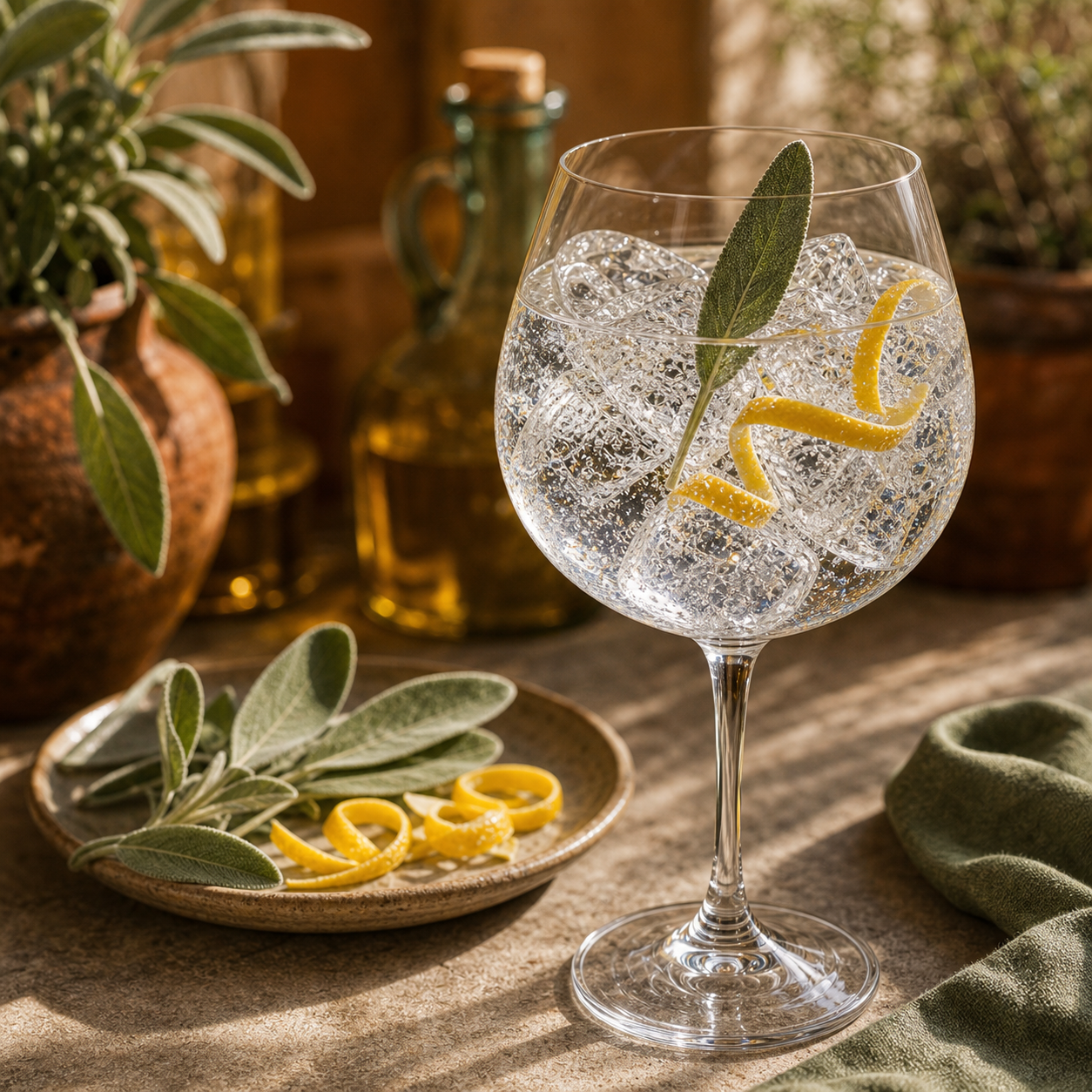 Bacur Bottega Gin served with East Imperial Burma Tonic Water, garnished with Fresh sage leaf, gently slapped and Thin lemon zest twist