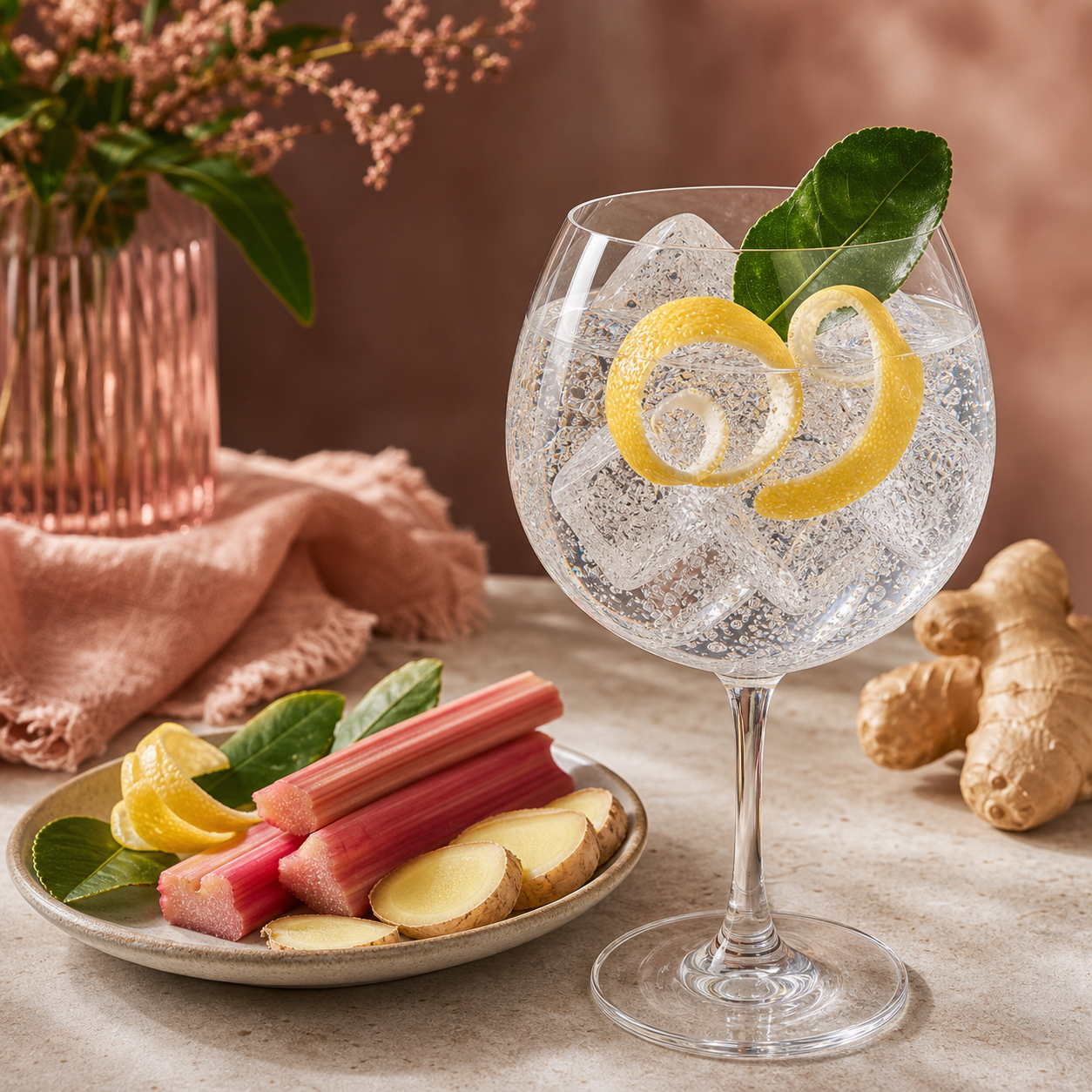 Edinburgh Rhubarb & Ginger Gin served with Fever-Tree Mediterranean Tonic Water, garnished with fresh kaffir lime leaf and lemon peel twist