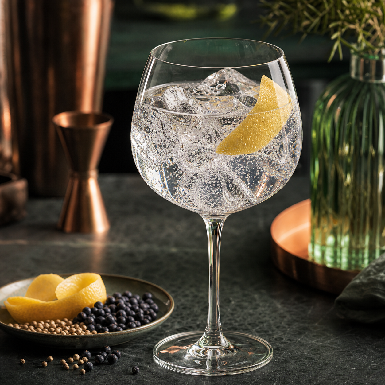 Plymouth Gin served with East Imperial Burma Tonic Water, garnished with Thin slice of lemon peel