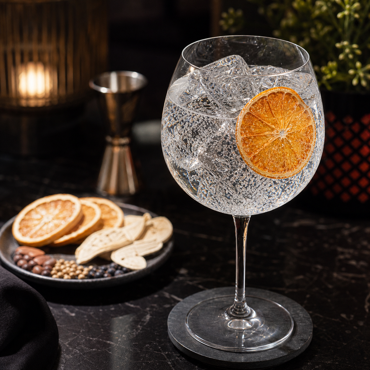 Whitley Neill Original served with East Imperial Burma Tonic Water, garnished with thin slice of dehydrated orange