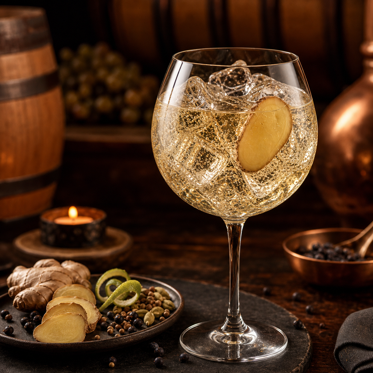 Nouaison Reserve Gin served with Fentimans Ginger Ale, garnished with thin slice of fresh ginger