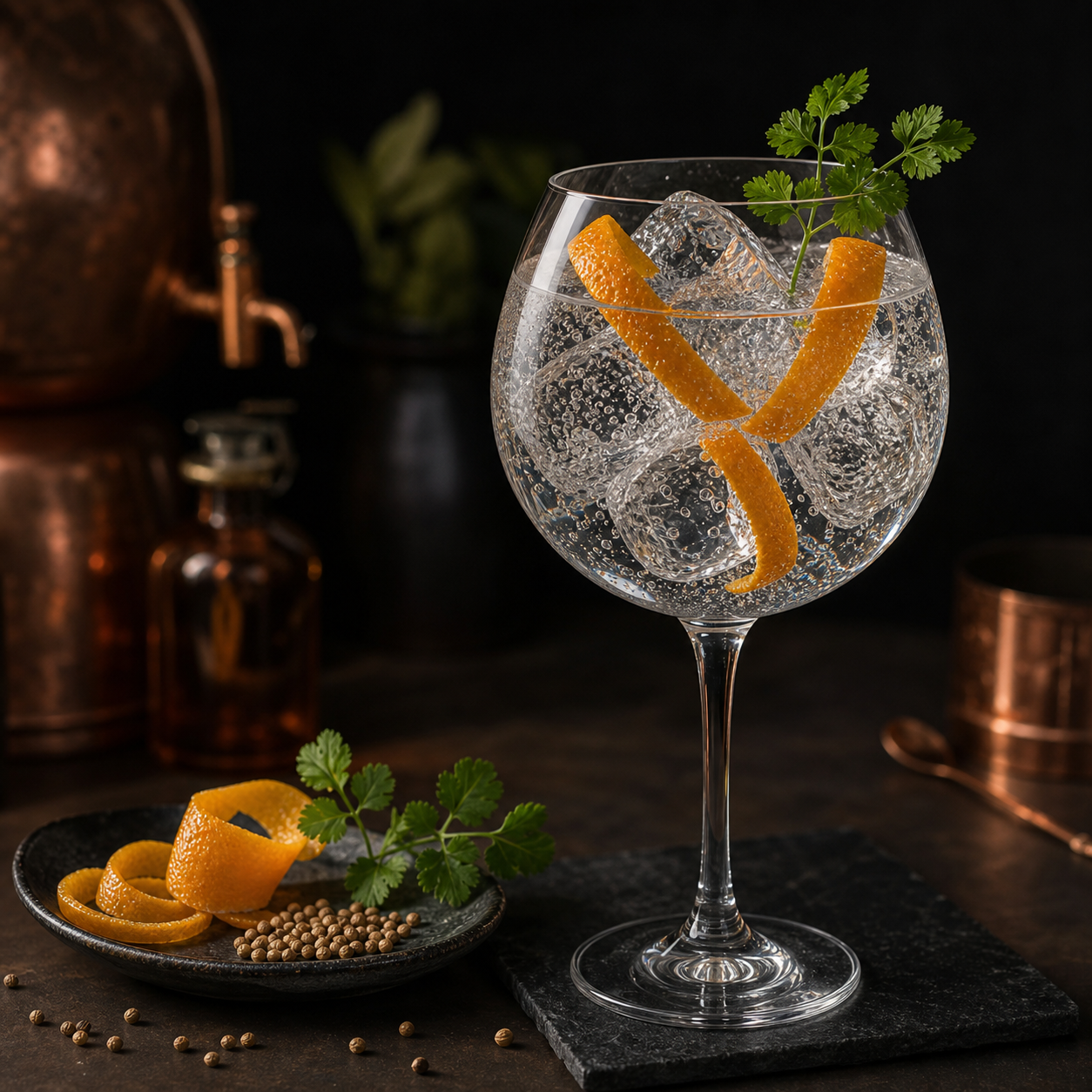 Copperhead The Original served with Fever-Tree Mediterranean Tonic Water, garnished with Freshly cut orange peel and Sprig of fresh coriander