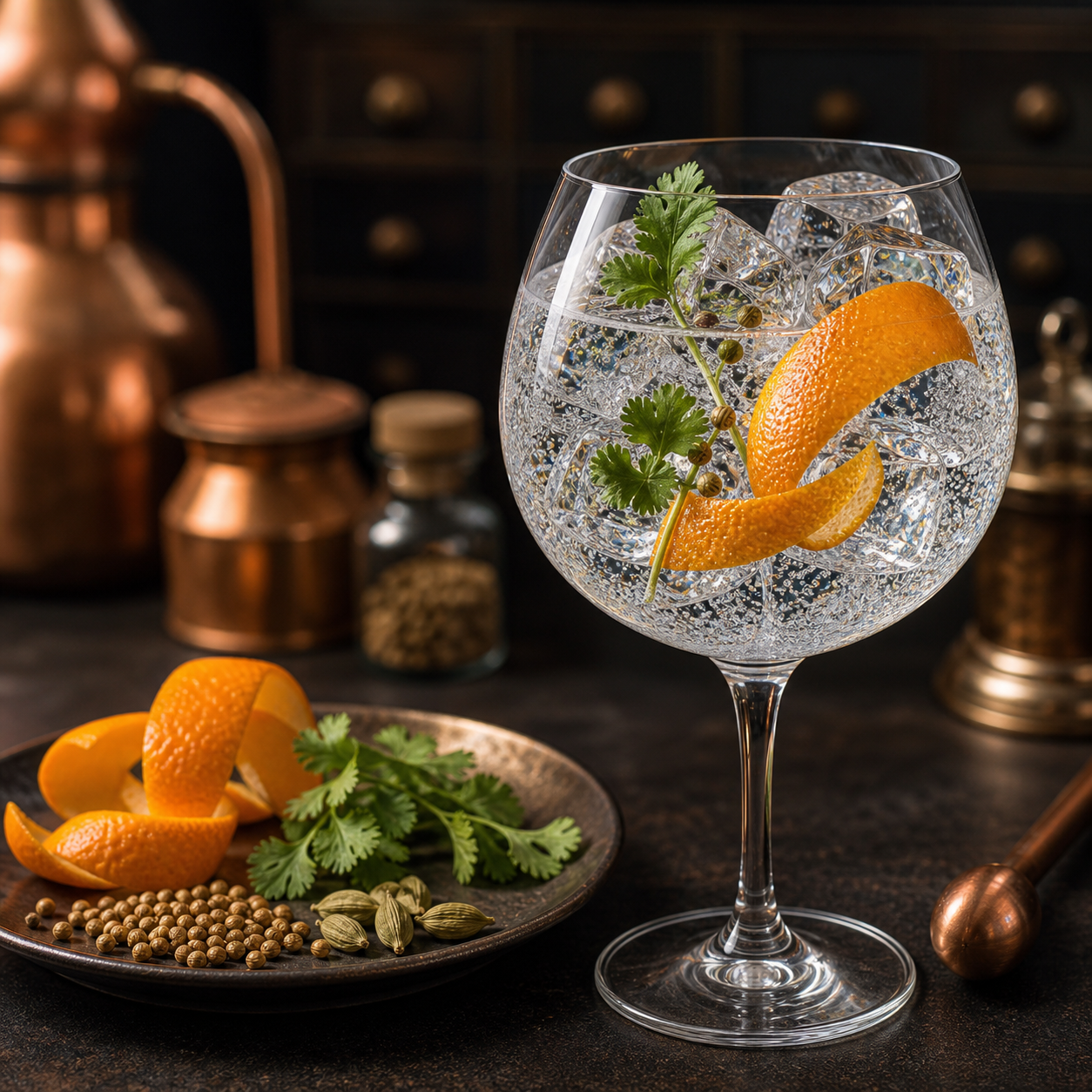 Copperhead Mr Copperhead served with Fever-Tree Mediterranean Tonic Water, garnished with Freshly cut orange peel and Lightly bruised coriander sprig