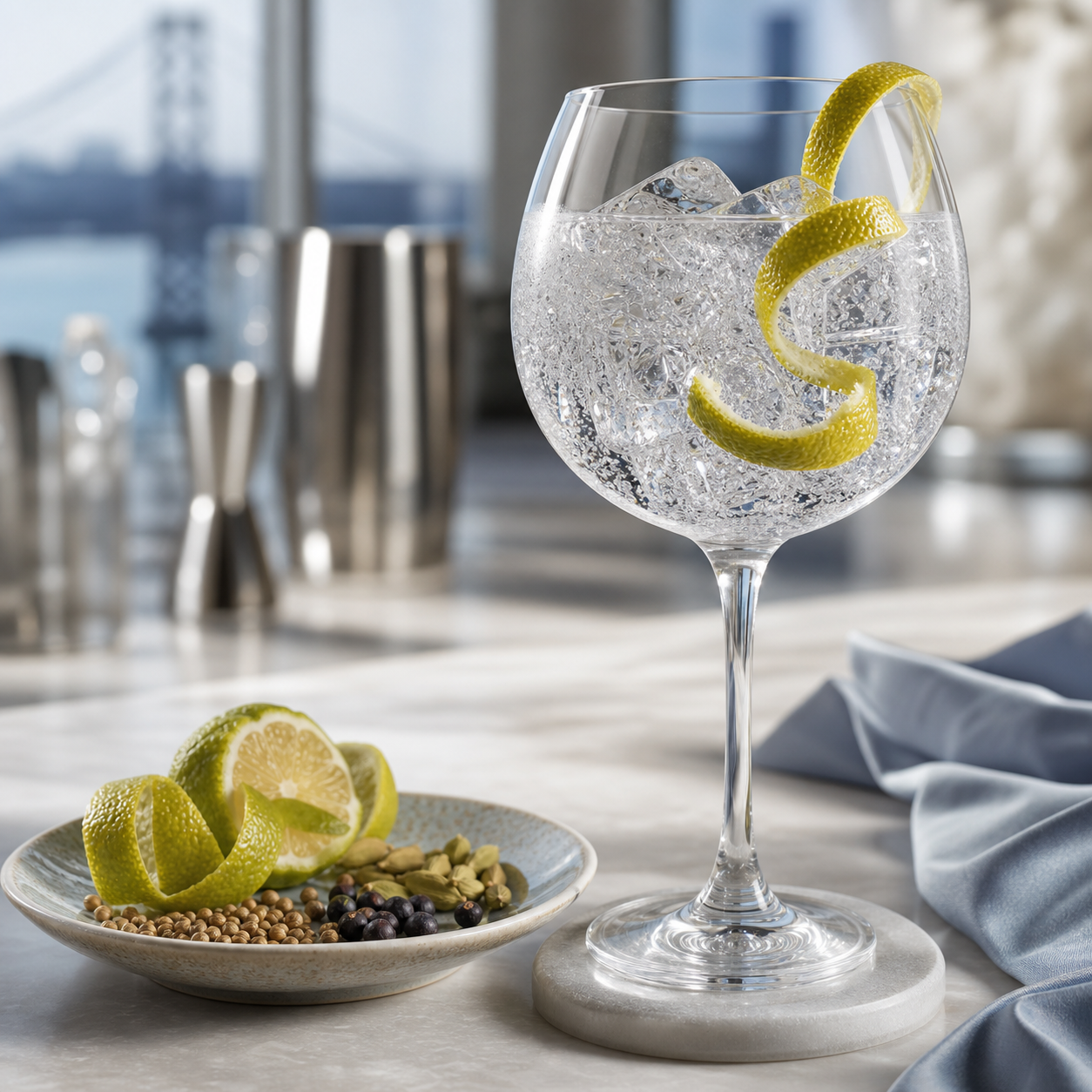 No 209 Gin served with Fever-Tree Indian Tonic Water, garnished with thin twist of bergamot peel