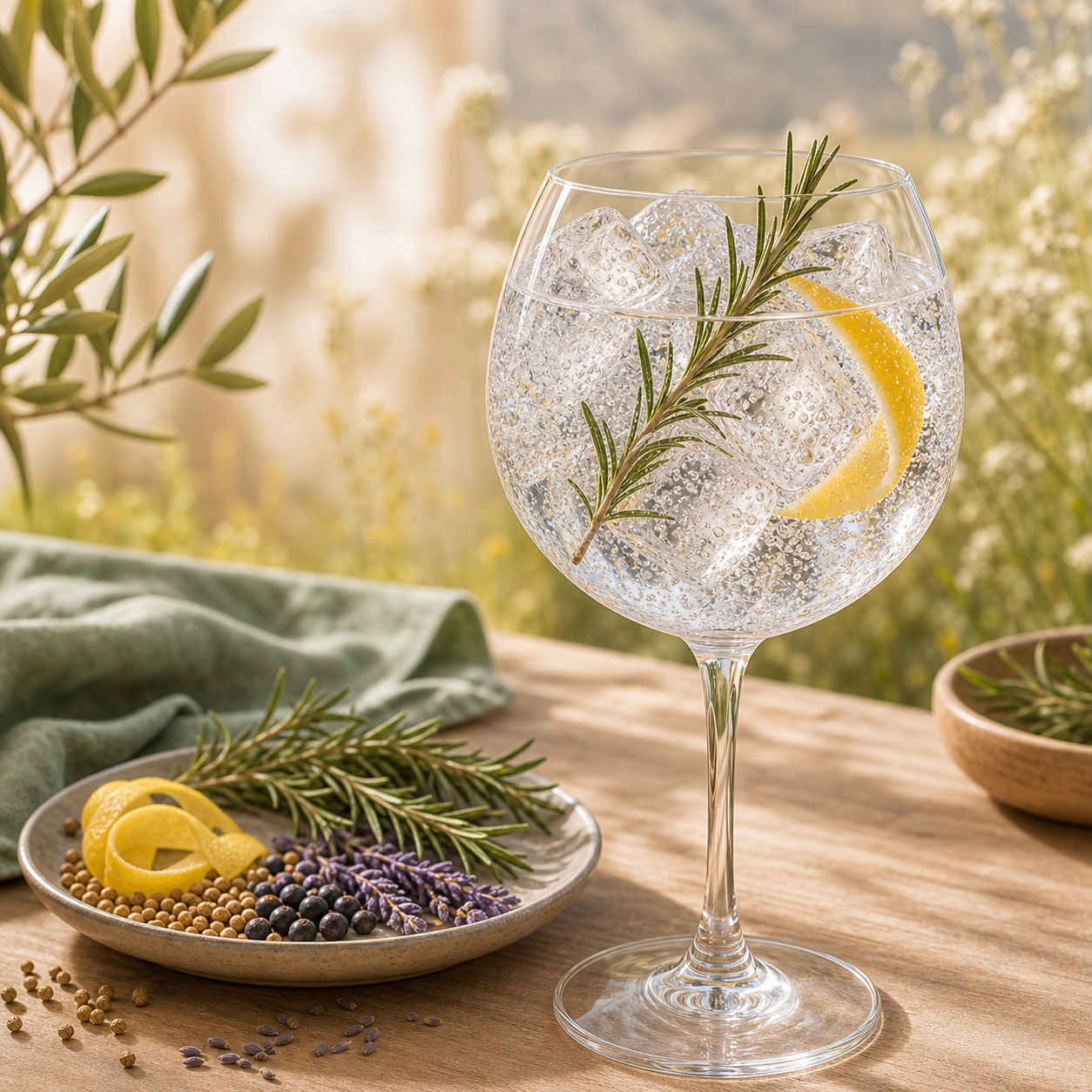 Prairie Organic Gin served with Fever-Tree Mediterranean Tonic Water, garnished with lightly singed rosemary sprig and thin lemon peel slice